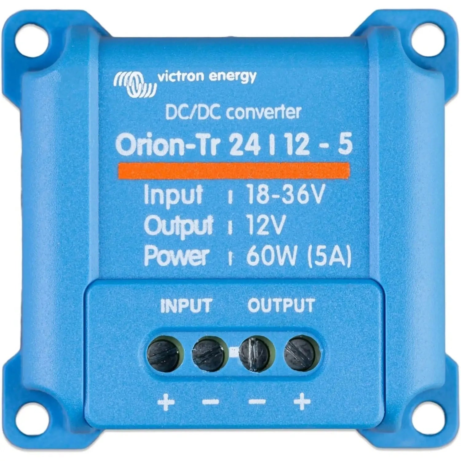 Blue DC/DC converter with four terminal connectors labeled Input and Output, specifications printed on front panel.