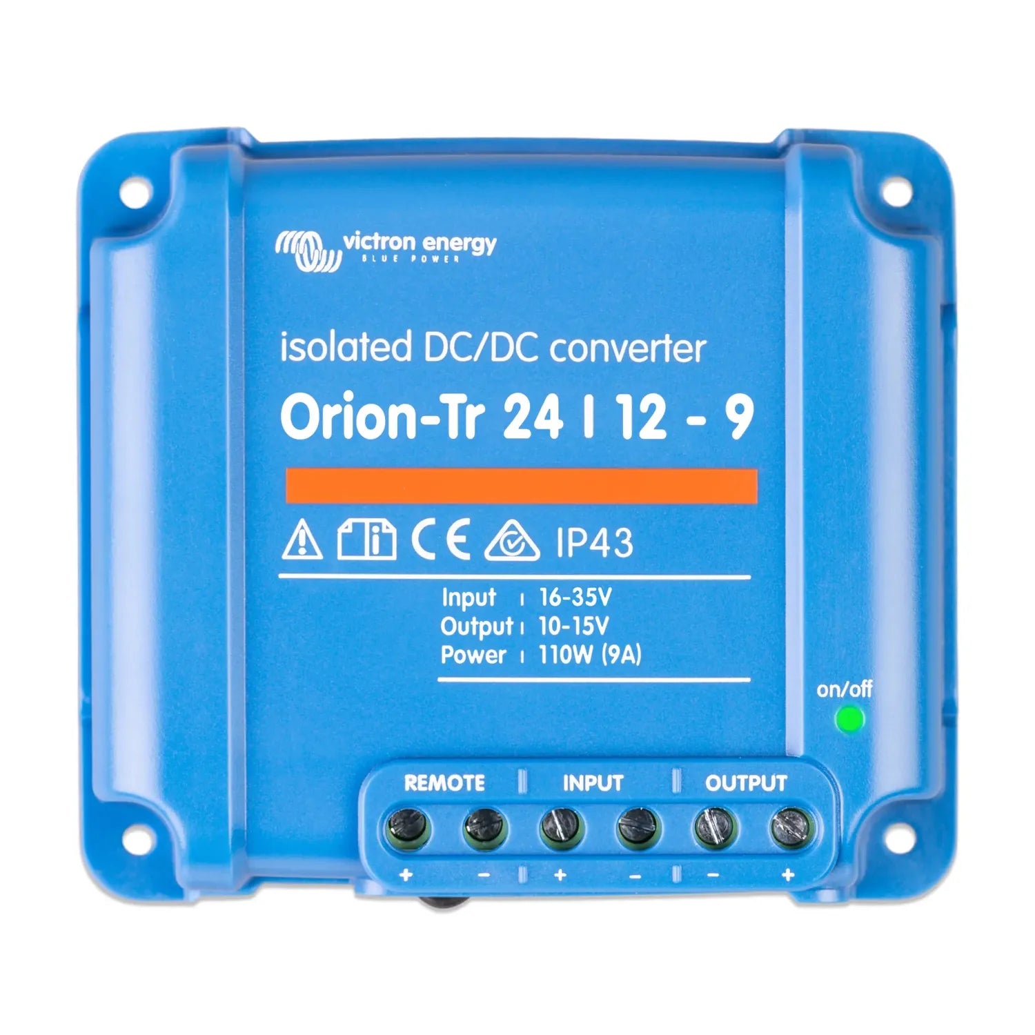 Victron Energy Orion-Tr 24/12-9 isolated DC/DC converter, blue rectangular device with terminal connections and on/off indica