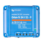 Victron Energy Orion-Tr 24/12-9 isolated DC/DC converter with blue casing, terminal connections, and on/off indicator light.