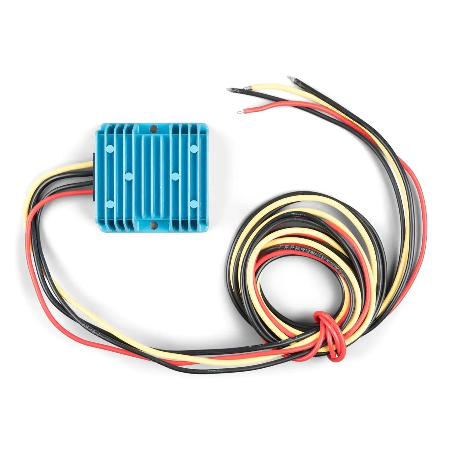 Blue finned DC-DC converter with three color-coded wires attached to input terminals and output wires extending from the hous