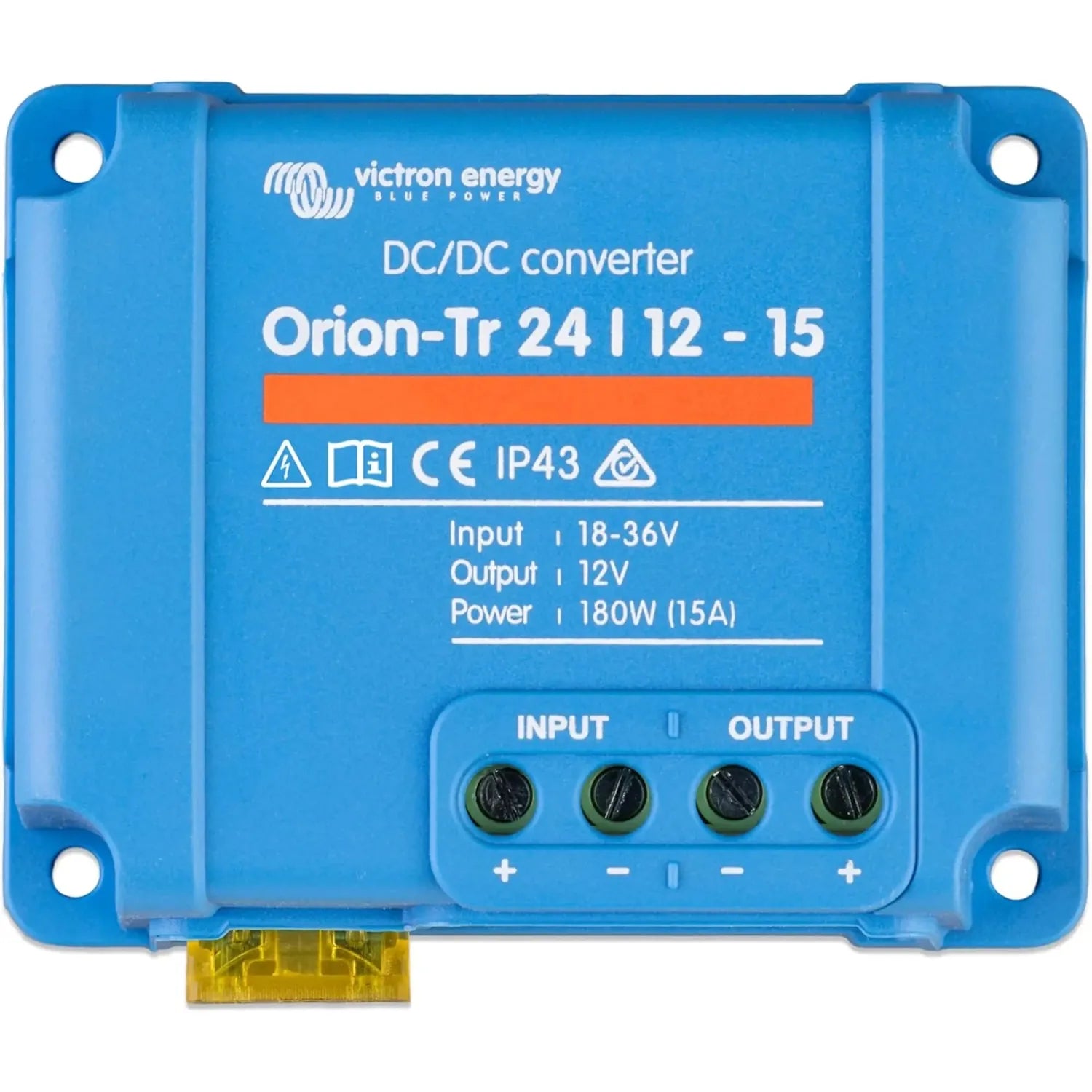 Victron Energy Orion-Tr 24/12-15 DC/DC converter with blue casing, four terminal connectors labeled input and output, specifi