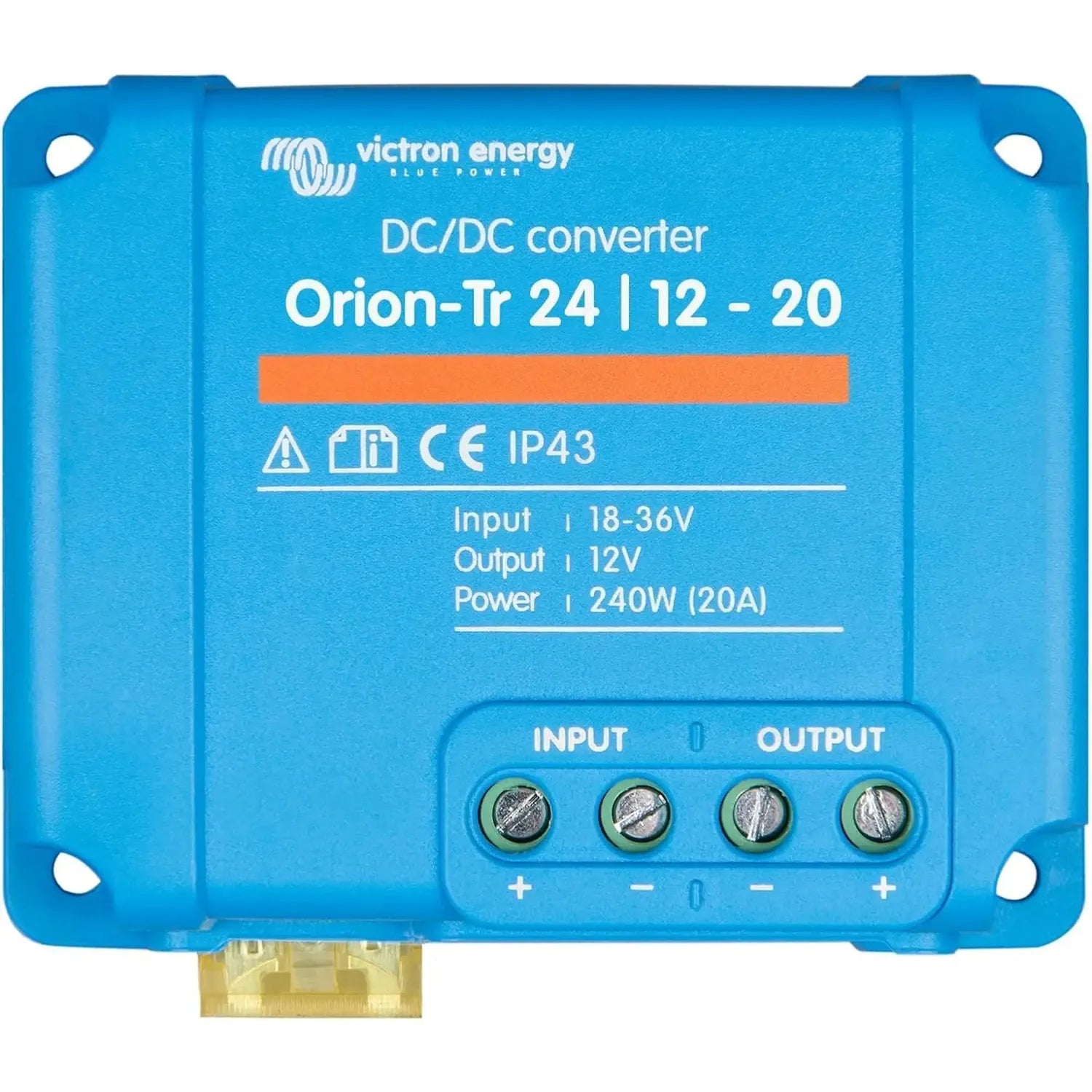 Victron Energy Orion-Tr 24/12-20 DC/DC converter, blue metal device with four terminal connections and specifications visible