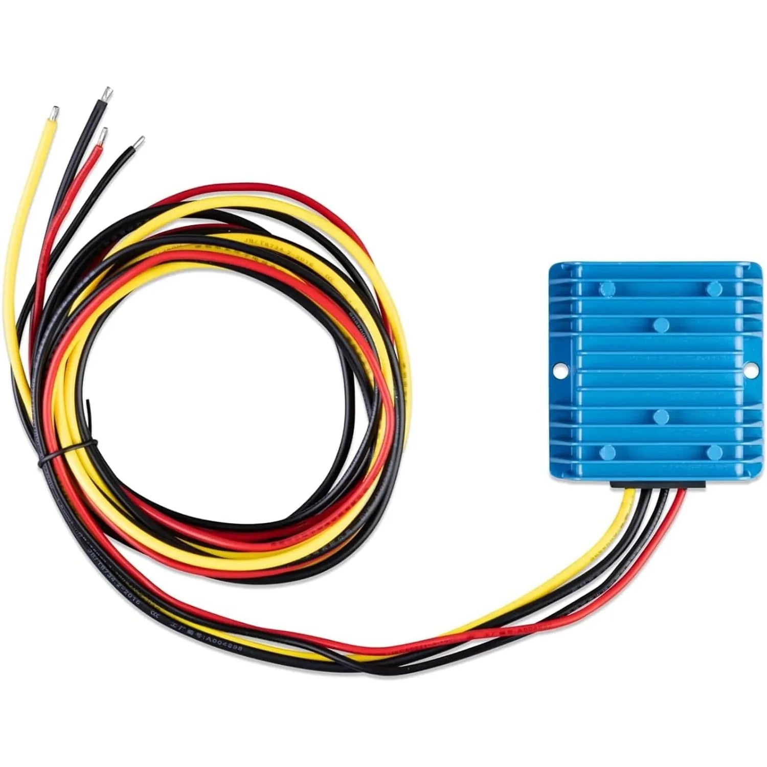 Blue DC-DC converter with attached multi-colored wire harness showing yellow, red, black, and white conductors on white backg
