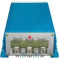 Blue finned DC-DC converter with metal mounting plate, three large terminal connectors labeled Input, GND, and Output, and re