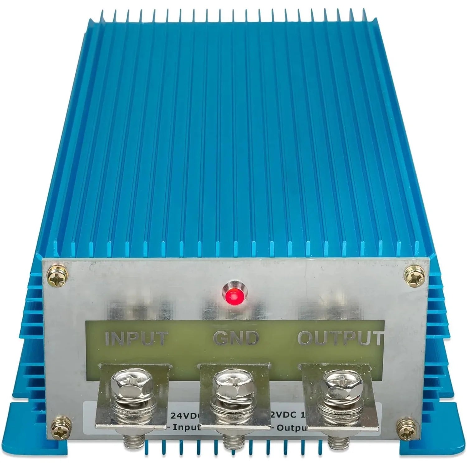Blue finned DC-DC converter with metal mounting plate, three large terminal connectors labeled Input, GND, and Output, and re