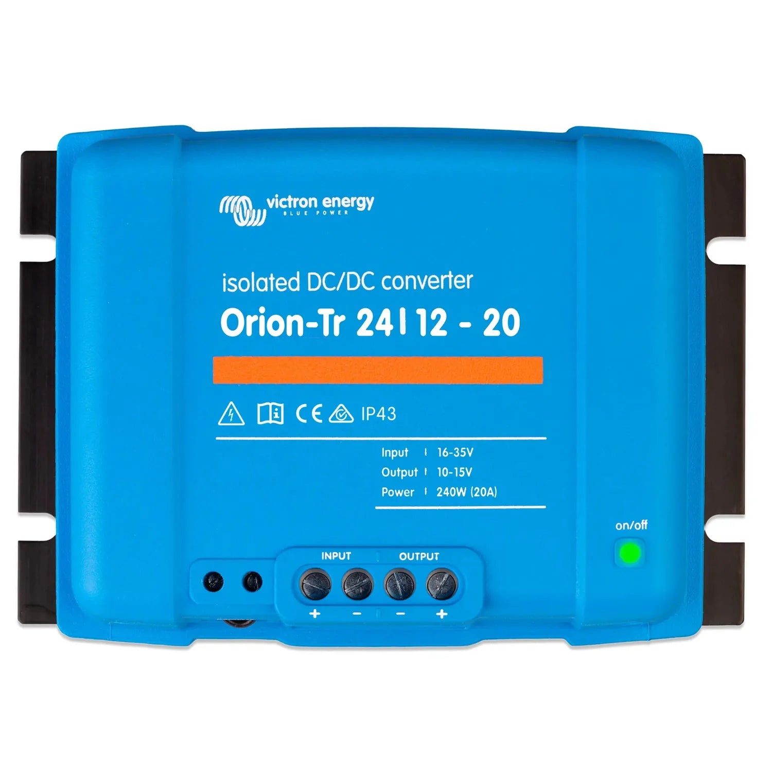 Victron Energy Orion-Tr 24/12-20 isolated DC/DC converter, blue rectangular device with black side brackets, input/output ter