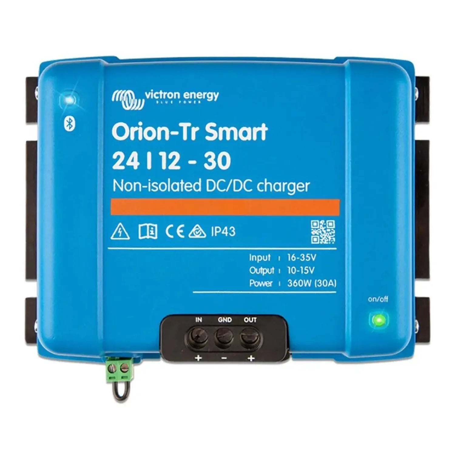 Victron Energy Orion-Tr Smart 24/12-30 non-isolated DC/DC charger, blue rectangular device with terminal connections and on/o