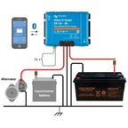 Wiring diagram showing Victron Orion-Tr Smart charger connected via Bluetooth to smartphone, with alternator, starter battery