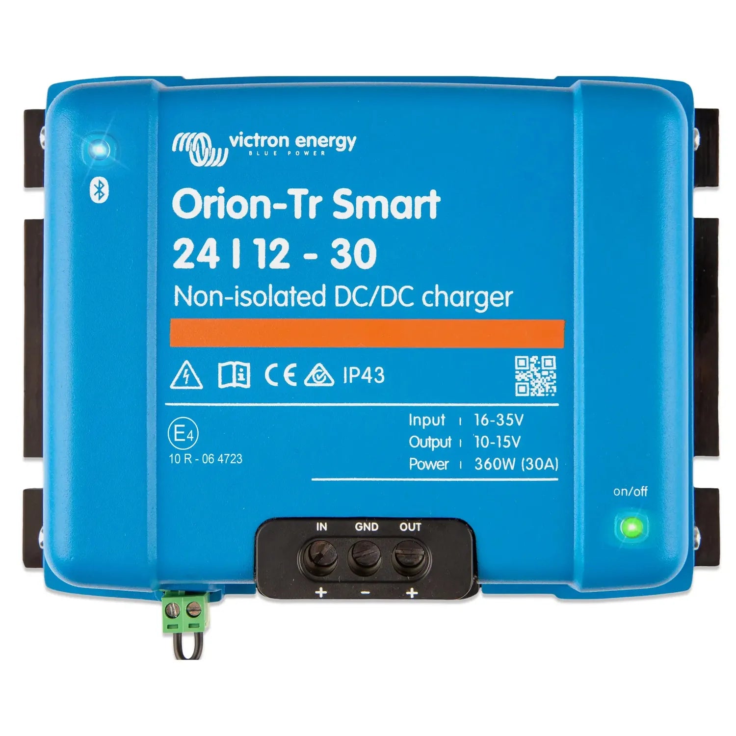 Victron Energy Orion-Tr Smart 24/12-30 non-isolated DC/DC charger, blue rectangular device with black terminal block and cont