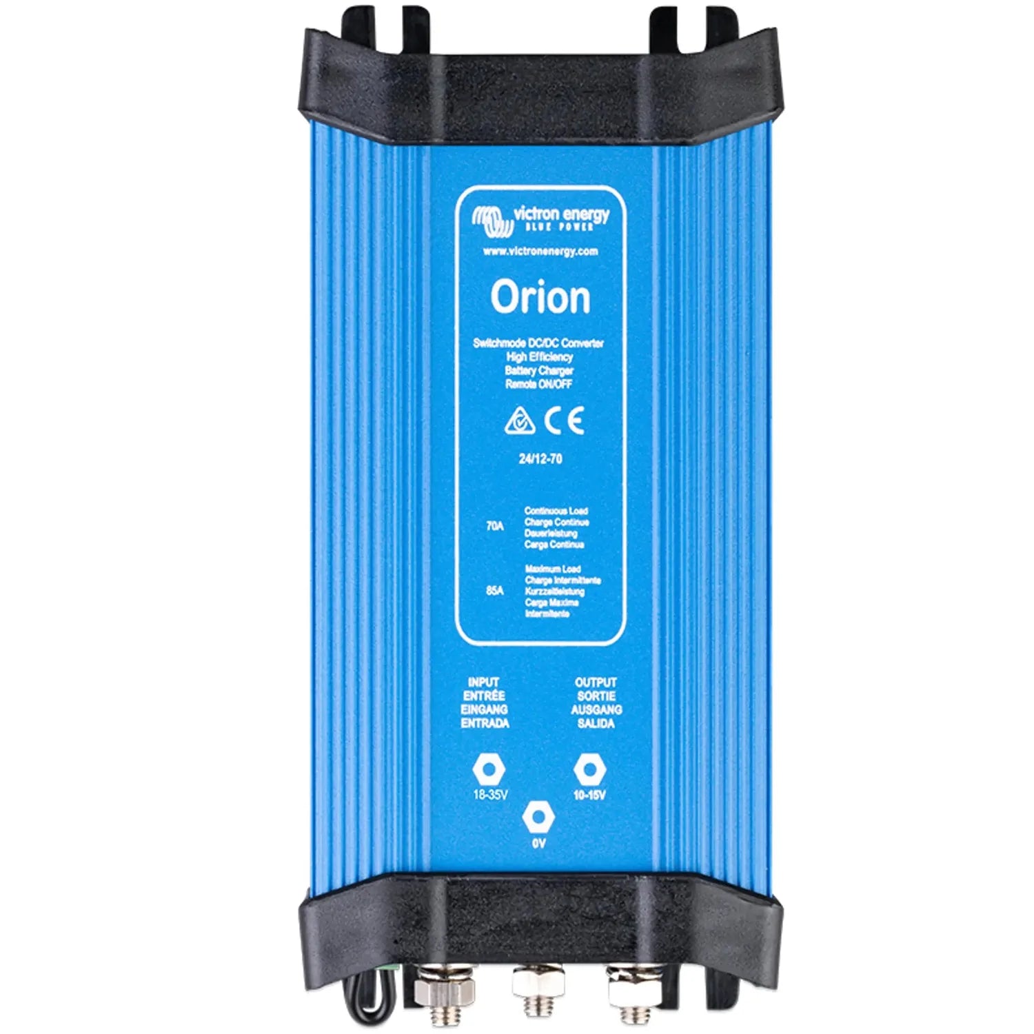 Victron Orion blue DC-DC converter with black end caps, showing input/output terminals and specification labels.