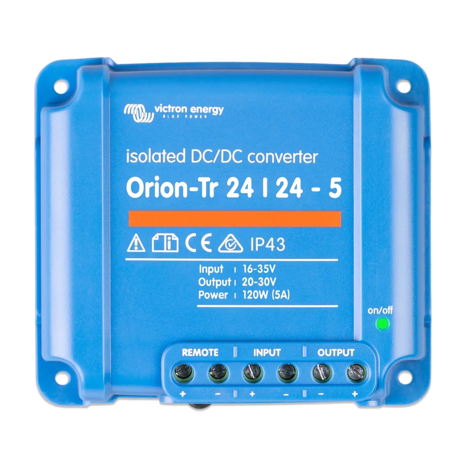 Victron Energy Orion-Tr 24/24-5 isolated DC/DC converter, blue rectangular device with terminal connections and on/off indica