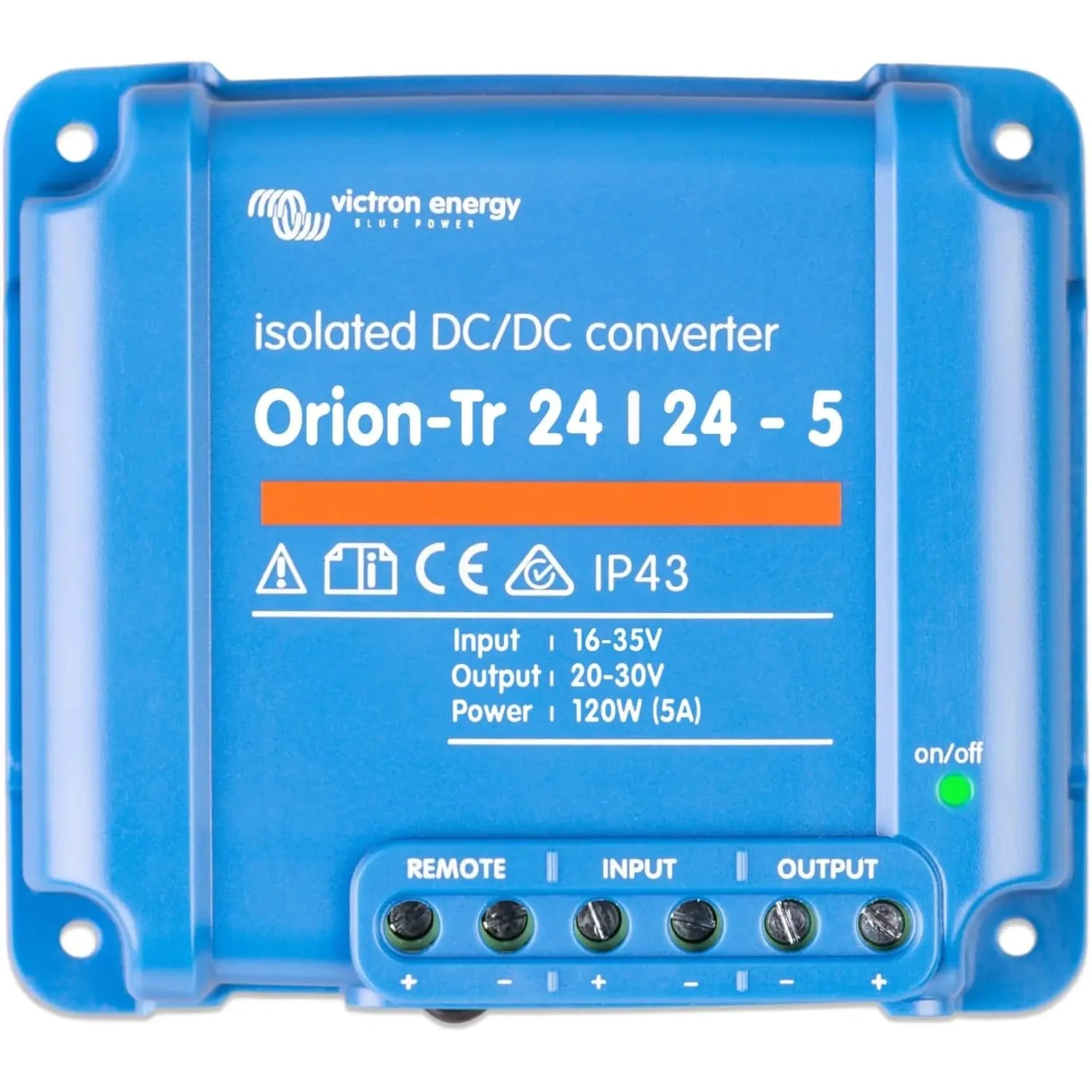 Victron Energy Orion-Tr 24/24-5 isolated DC/DC converter, blue rectangular device with terminal connectors and on/off indicat