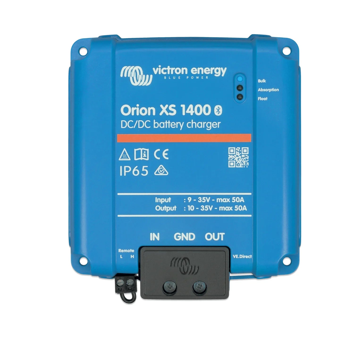 Victron Orion XS 1400 DC-DC battery charger with remote control, blue casing shown against white background.