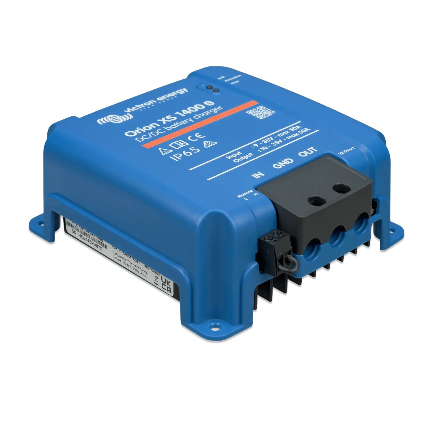 Blue Victron Orion XS 1400 DC-DC battery charger with black terminal connectors and regulatory markings visible on top.