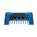 Blue Victron Orion XS DC-DC battery charger shown from above with control panel, three adjustment knobs, power connector, and