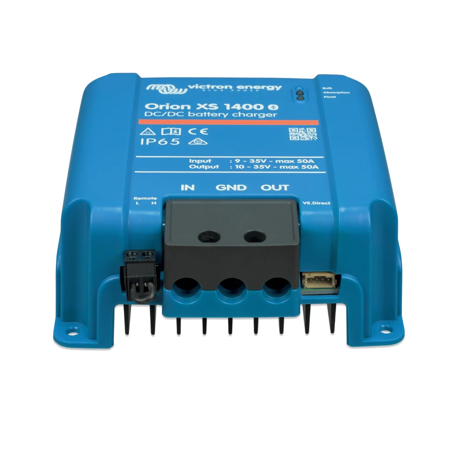 Victron Orion XS 1400 DC-DC battery charger, top-down view showing blue casing with black terminal block and specifications l