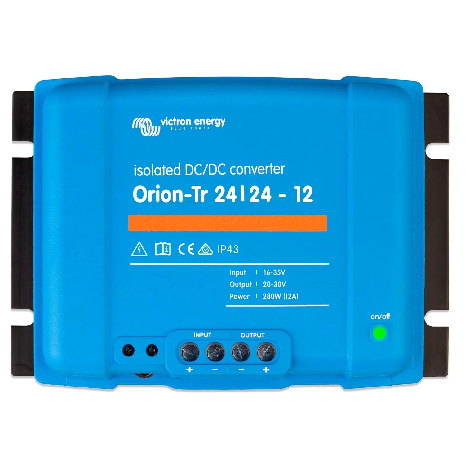 Victron Energy Orion-Tr 24/24-12 isolated DC/DC converter, blue device with black side panels and control terminals, front vi