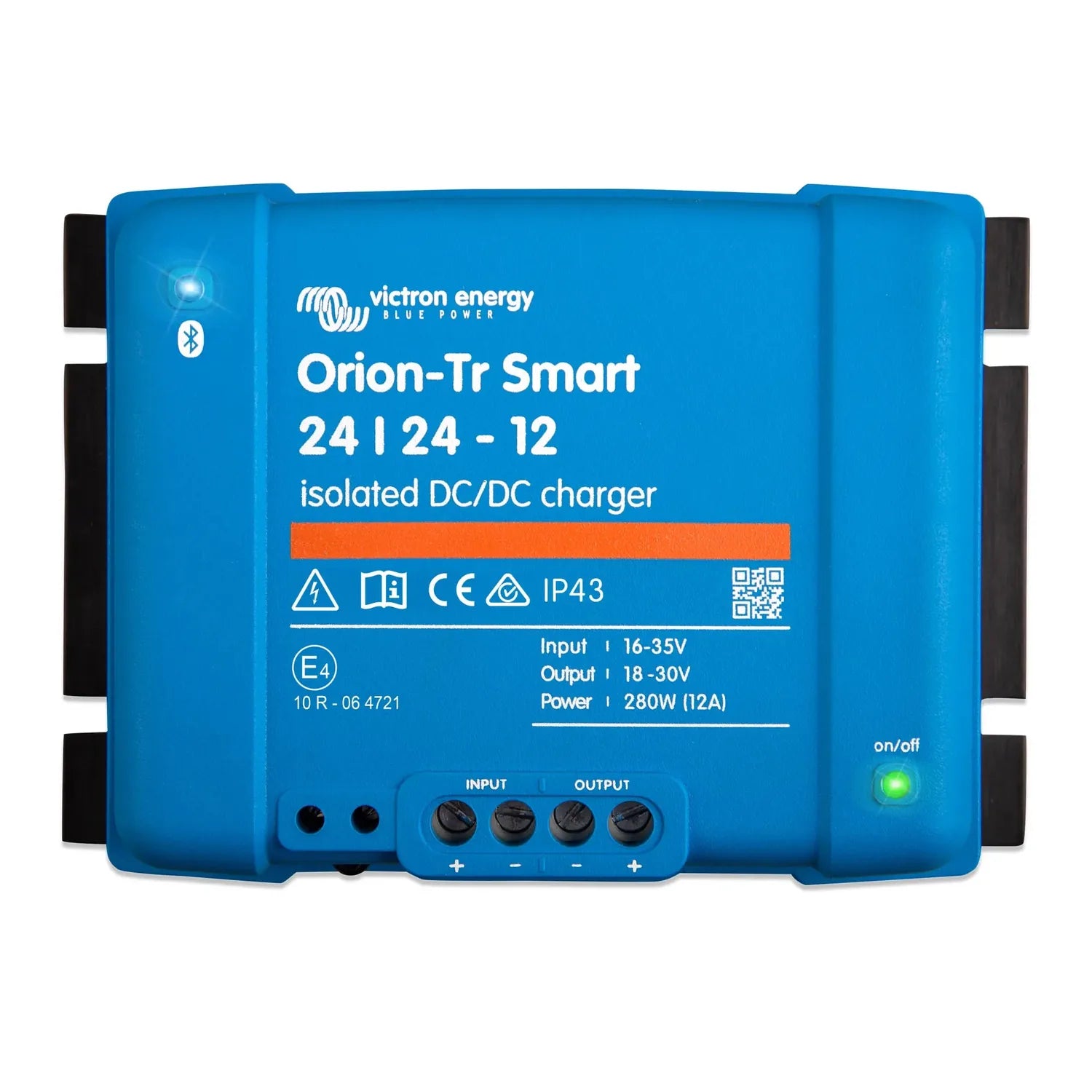 Victron Energy Orion-Tr Smart 24/24-12 isolated DC/DC charger, blue rectangular device with input/output terminals and contro