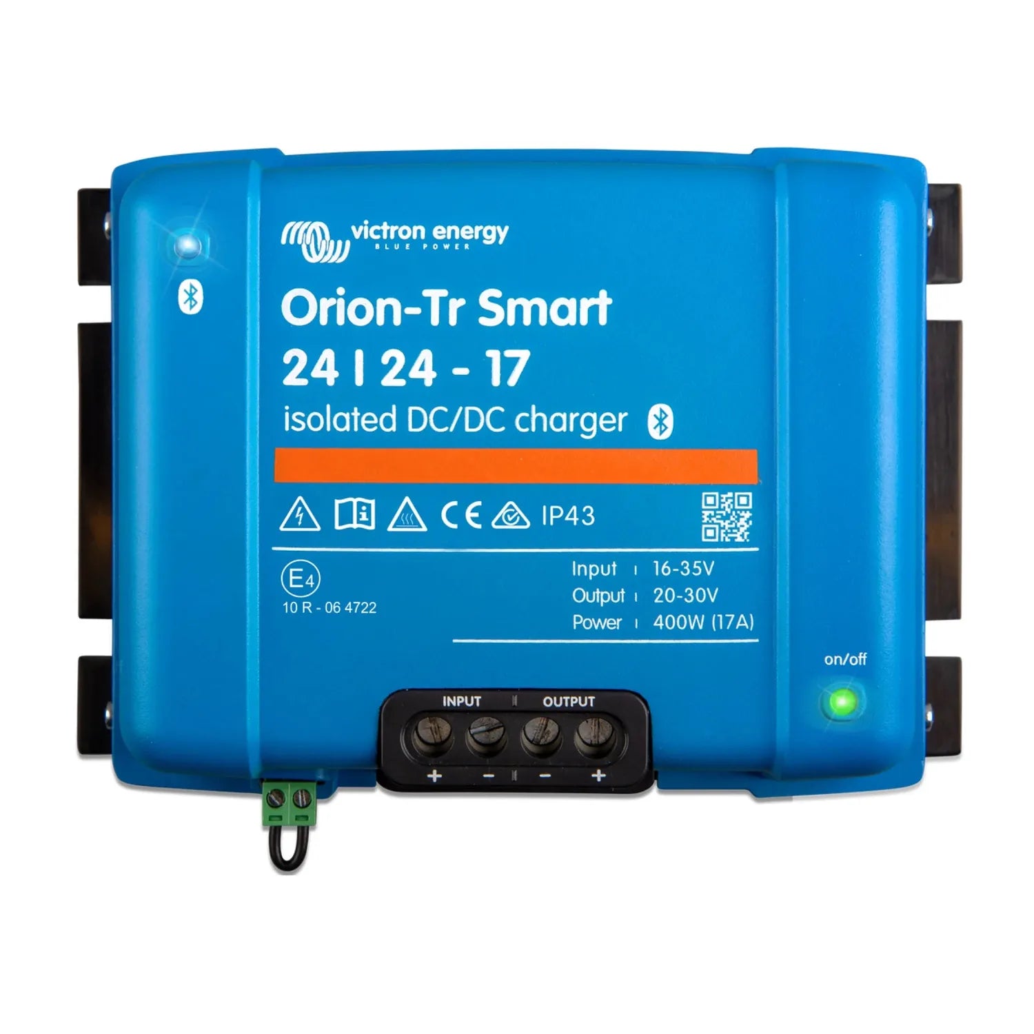 Victron Energy Orion-Tr Smart 24/24-17 isolated DC/DC charger, blue cylindrical device with black terminal connectors and con