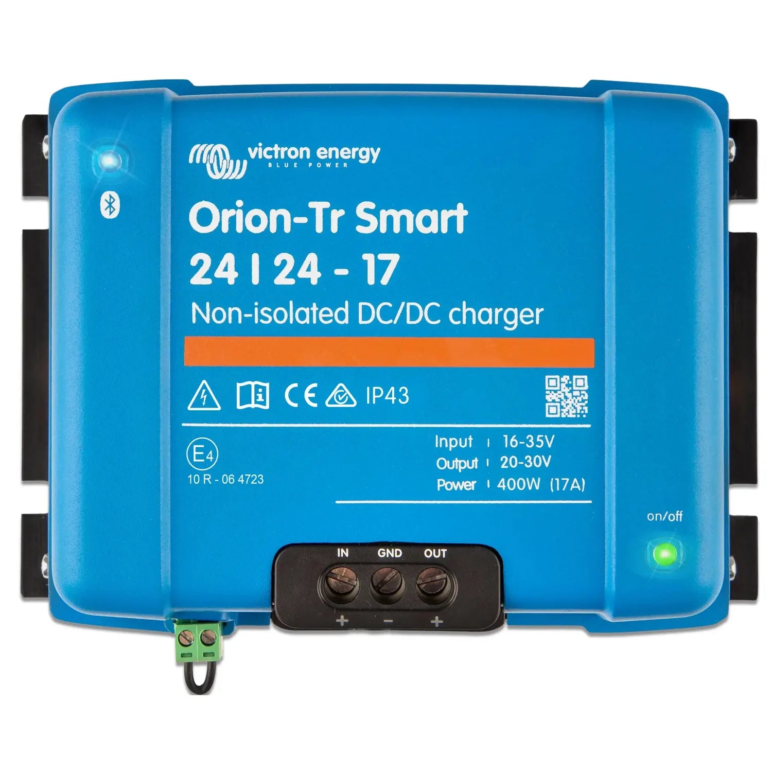 Victron Energy Orion-Tr Smart 24/24-17 non-isolated DC/DC charger, blue case with terminal block and indicator lights visible