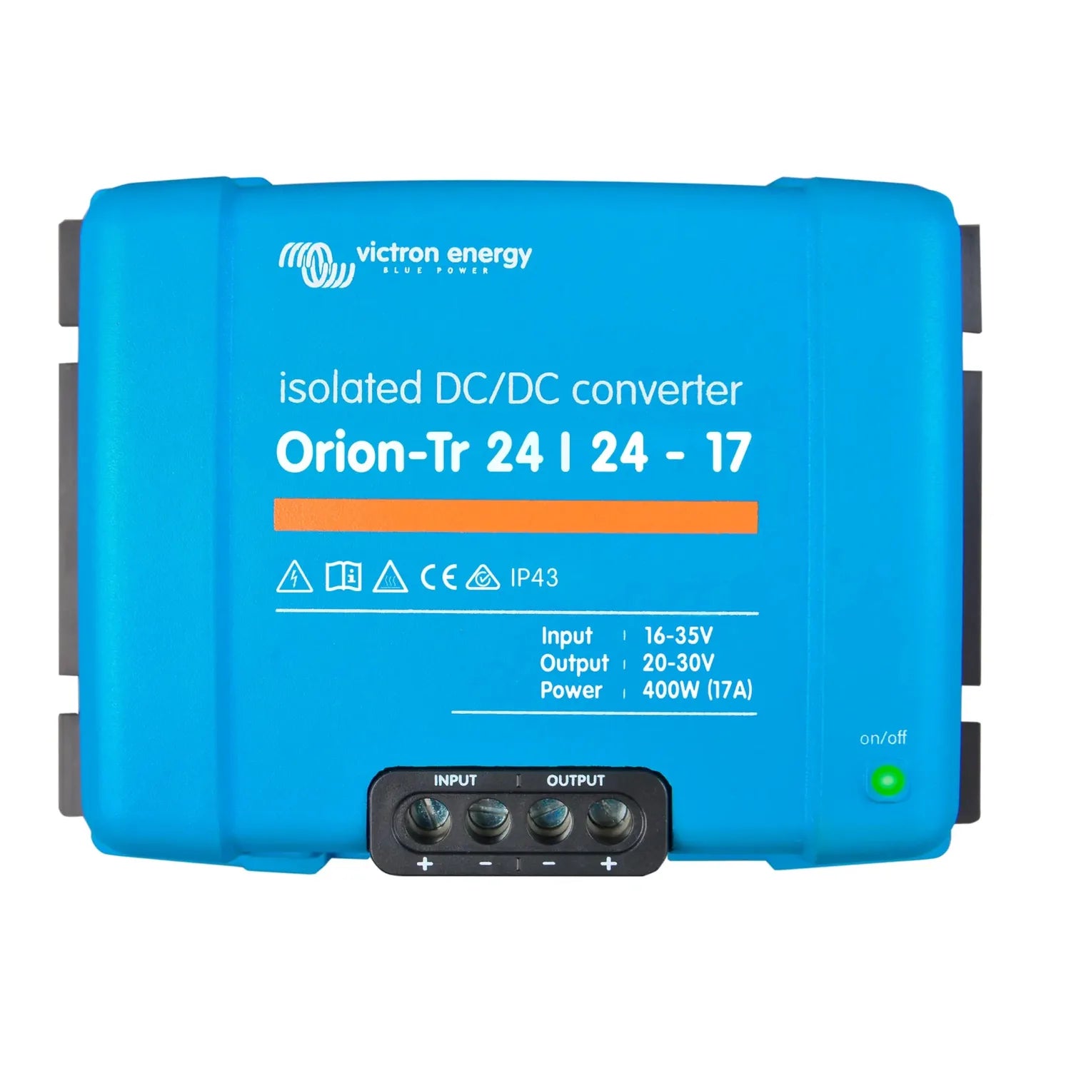 Victron Energy Orion-Tr 24/24-17 isolated DC/DC converter, blue rectangular device with input/output terminal block and green
