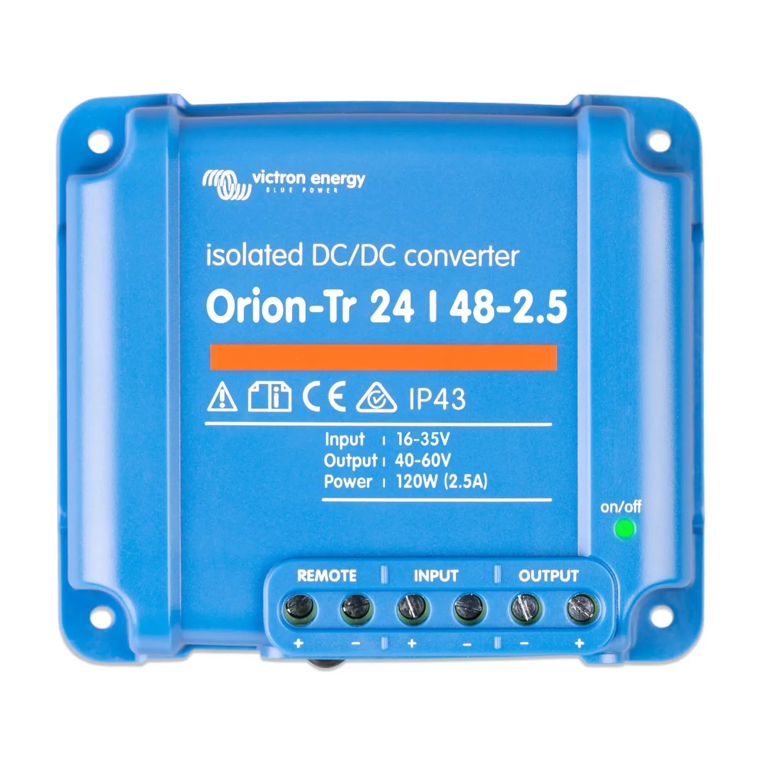 Blue Victron Energy Orion-Tr 24/48-2.5 isolated DC/DC converter with terminal connections and status indicator light.