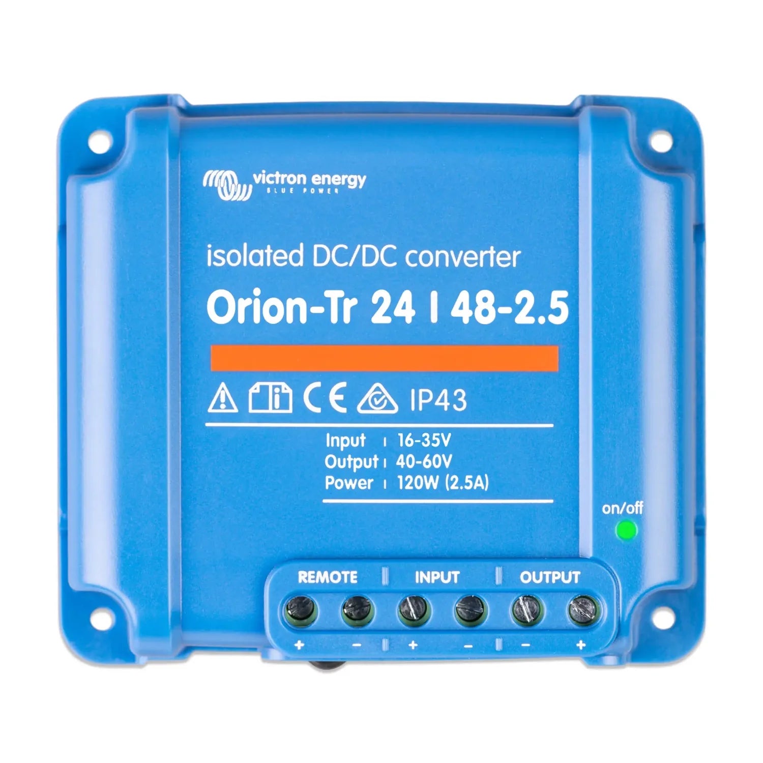 Victron Energy Orion-Tr 24/48-2.5 isolated DC/DC converter in blue plastic housing with terminal connections and status indic