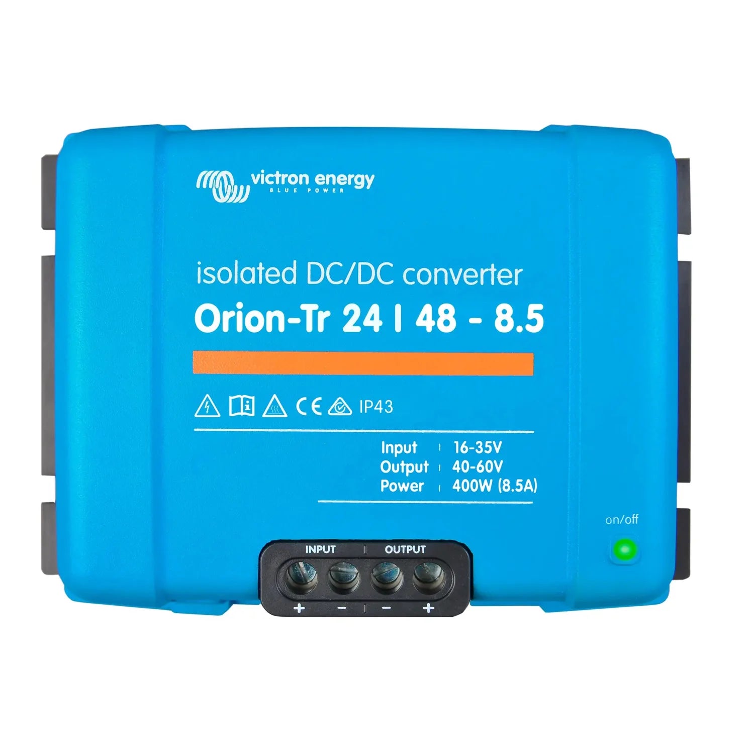 Victron Energy Orion-Tr isolated DC/DC converter, blue rectangular device with input/output terminals and on/off indicator li