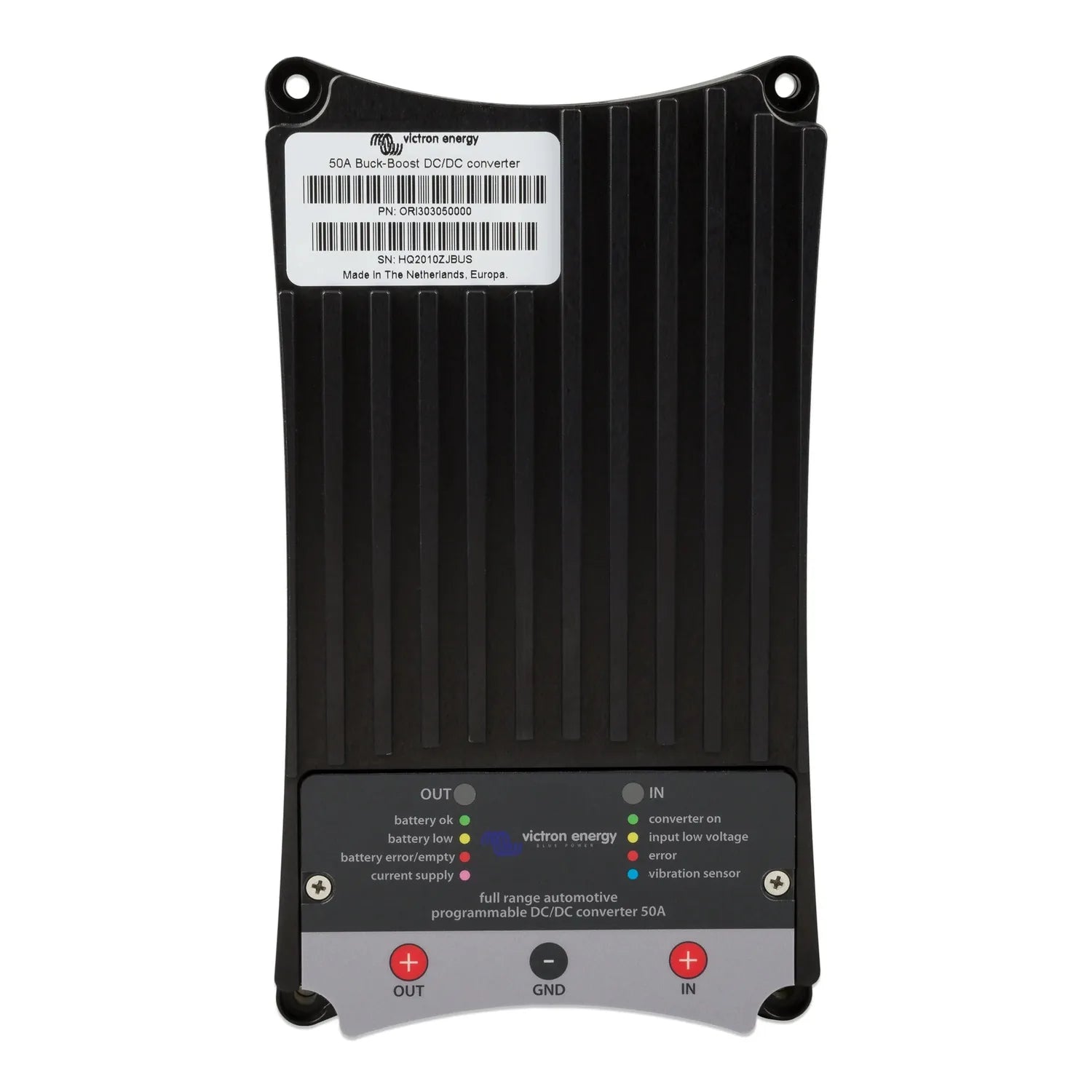 Victron Energy 50A Buck-Boost DC/DC converter front view showing heat-sinked black casing with status indicator lights and in