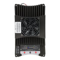 Victron 100A buck-boost DC-DC converter front view showing black aluminum heatsink, cooling fan, terminal connections, and st
