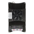 Victron 100A buck-boost DC-DC converter front view showing black aluminum heatsink, cooling fan, terminal connections, and st