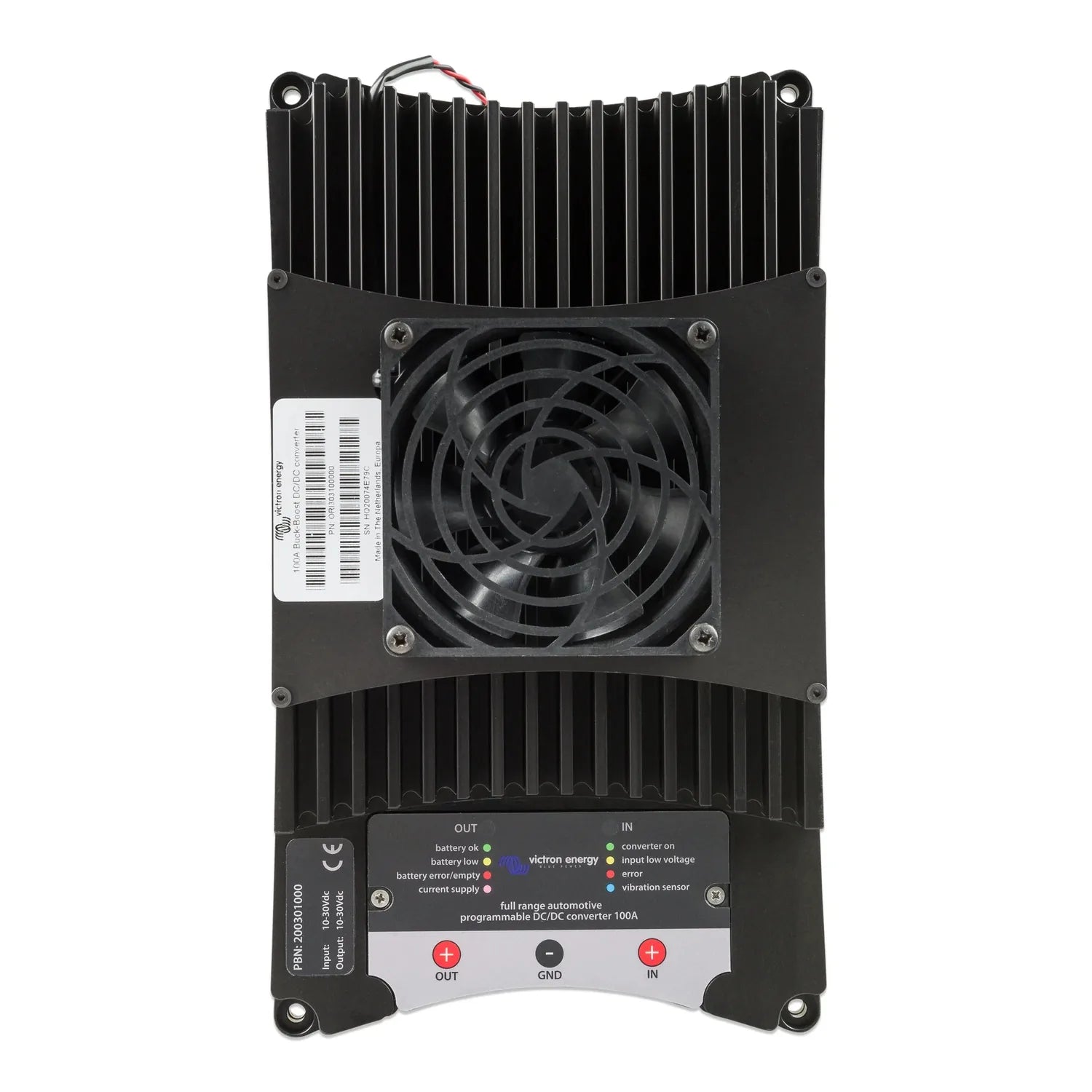 Victron 100A buck-boost DC-DC converter front view showing black aluminum heatsink, cooling fan, terminal connections, and st