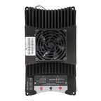 Black DC-DC converter with vertical aluminum heatsinks, central cooling fan, white label on side, and three colored terminal 