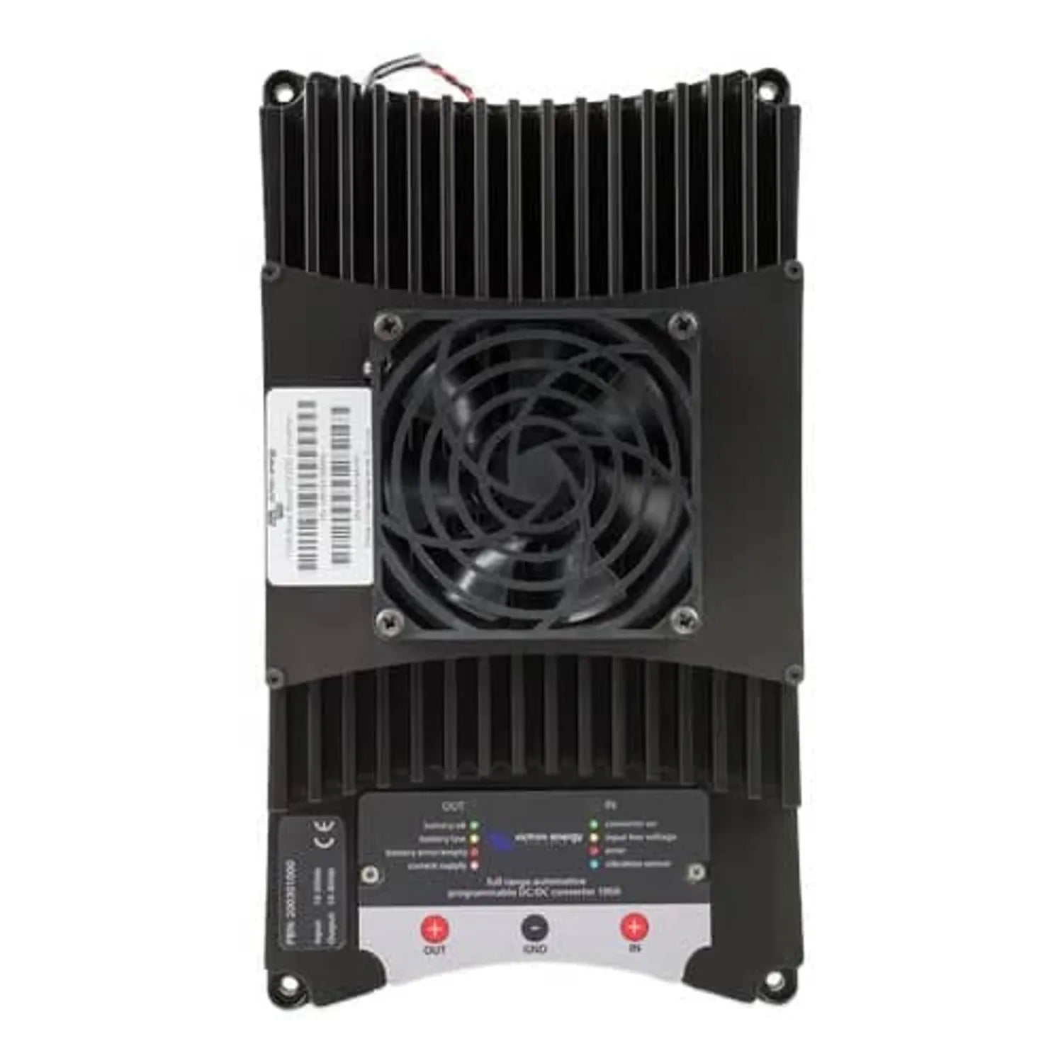 Black DC-DC converter with vertical aluminum heatsinks, central cooling fan, white label on side, and three colored terminal 