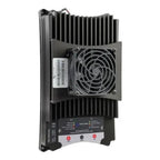 Victron 100A Buck-Boost DC-DC Converter showing front view with large heatsink fins, cooling fan, white label, and control pa