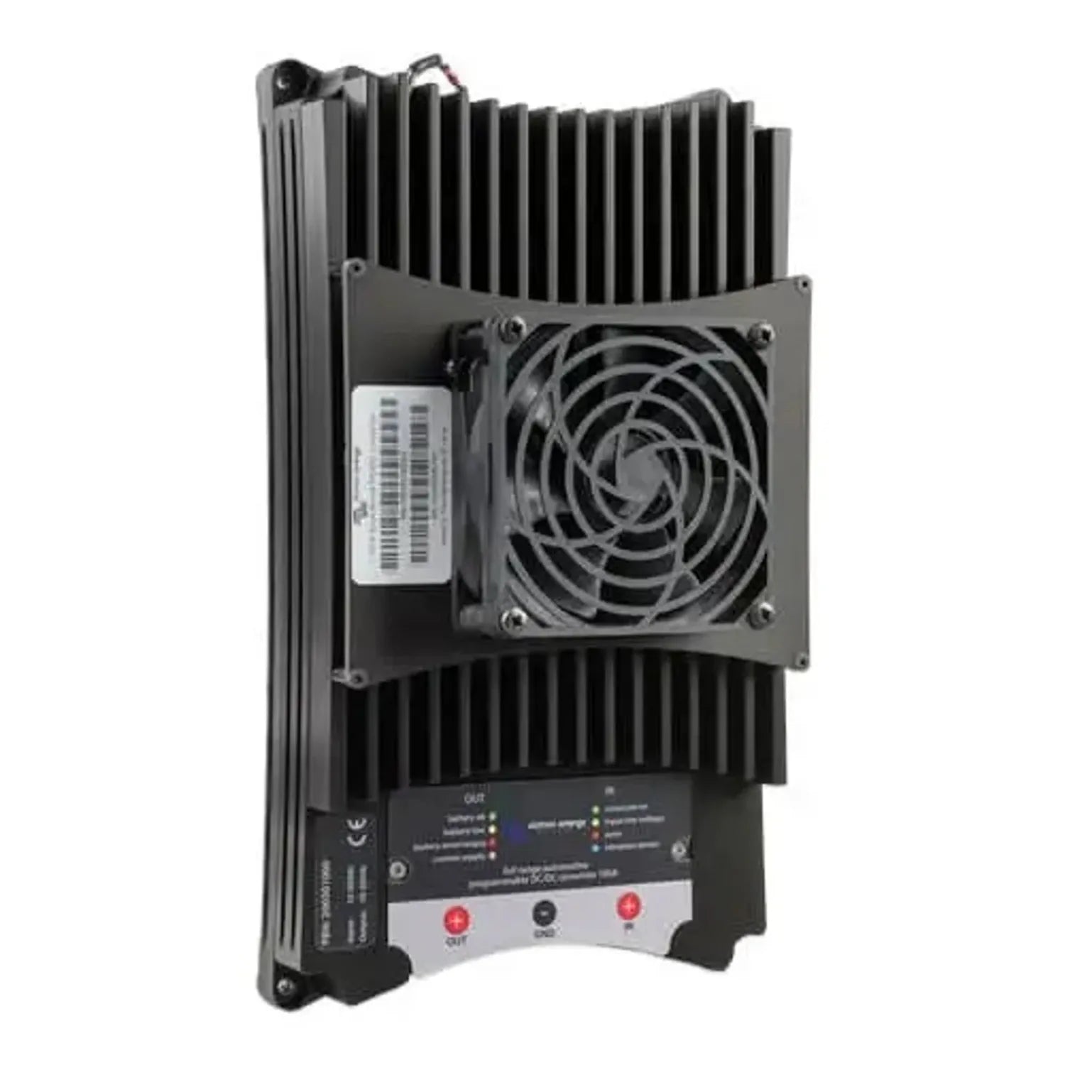 Victron 100A Buck-Boost DC-DC Converter showing front view with large heatsink fins, cooling fan, white label, and control pa