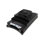 Black rectangular power converter with cooling fan on top, finned heatsinks on sides, and control panel with indicator lights