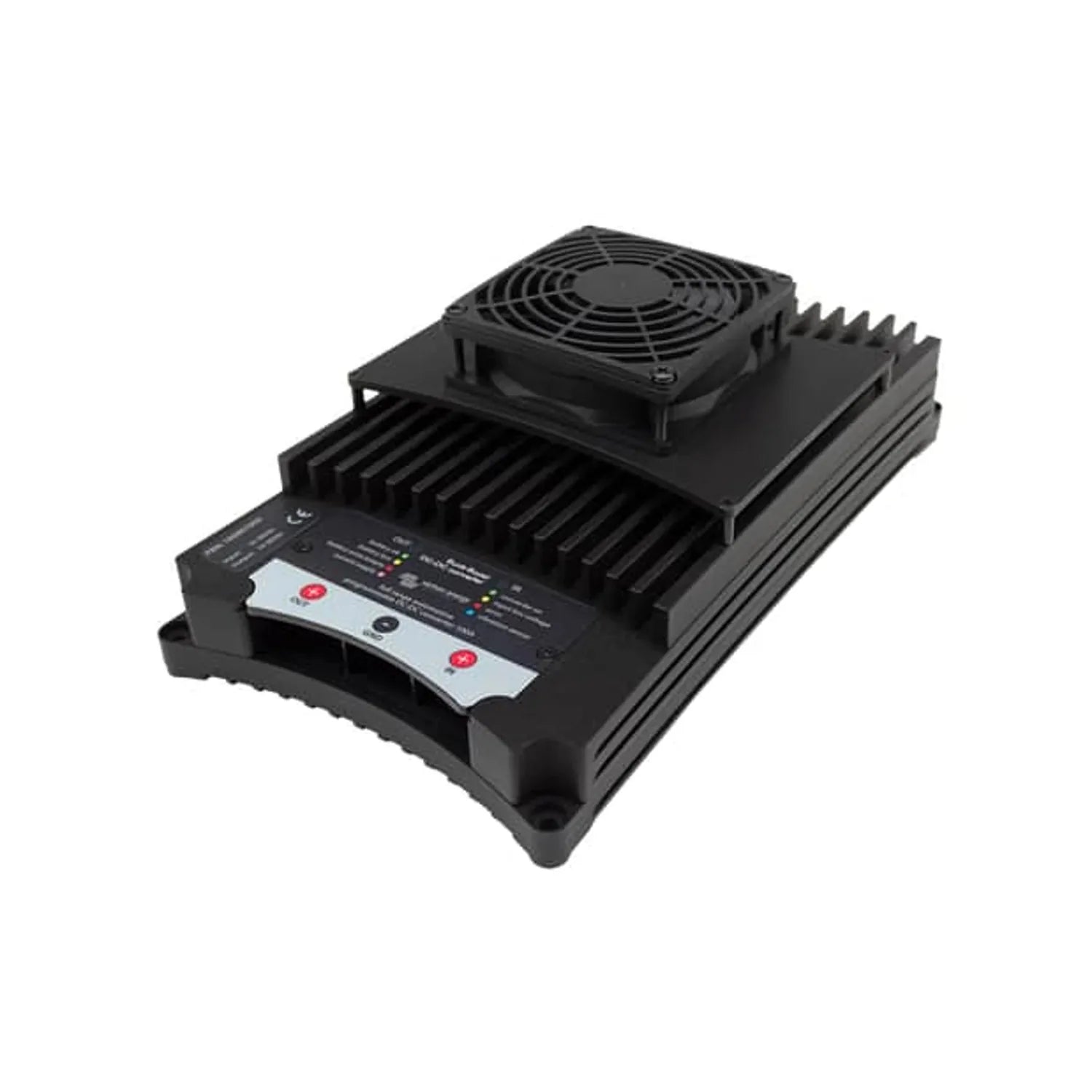 Black rectangular power converter with cooling fan on top, finned heatsinks on sides, and control panel with indicator lights