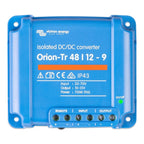 Blue Victron Energy Orion-Tr 48/12-9 isolated DC/DC converter with terminal connections and on/off indicator light visible.
