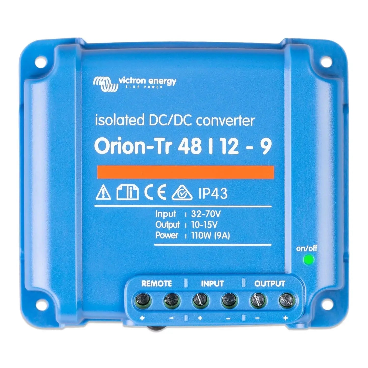 Blue Victron Energy Orion-Tr 48/12-9 isolated DC/DC converter with terminal connections and on/off indicator light visible.