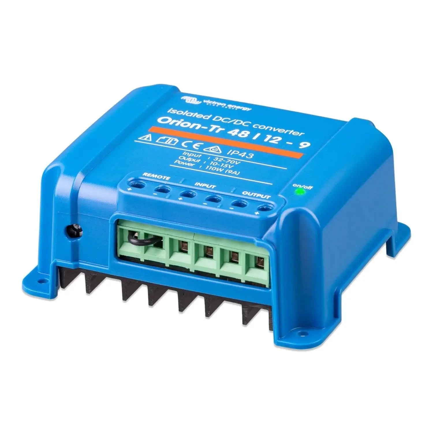 Victron Orion-Tr 48/12-9 isolated DC-DC converter, blue rectangular device with green terminal block connectors and black hea