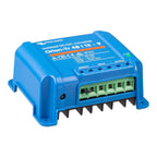 Blue Victron Orion-Tr 48/12-9 isolated DC/DC converter with green terminal block connectors and heat sink fins, product shot 
