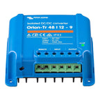 Blue Victron Orion-Tr 48/12-9 isolated DC/DC converter device with terminal connections and status indicator light, front vie