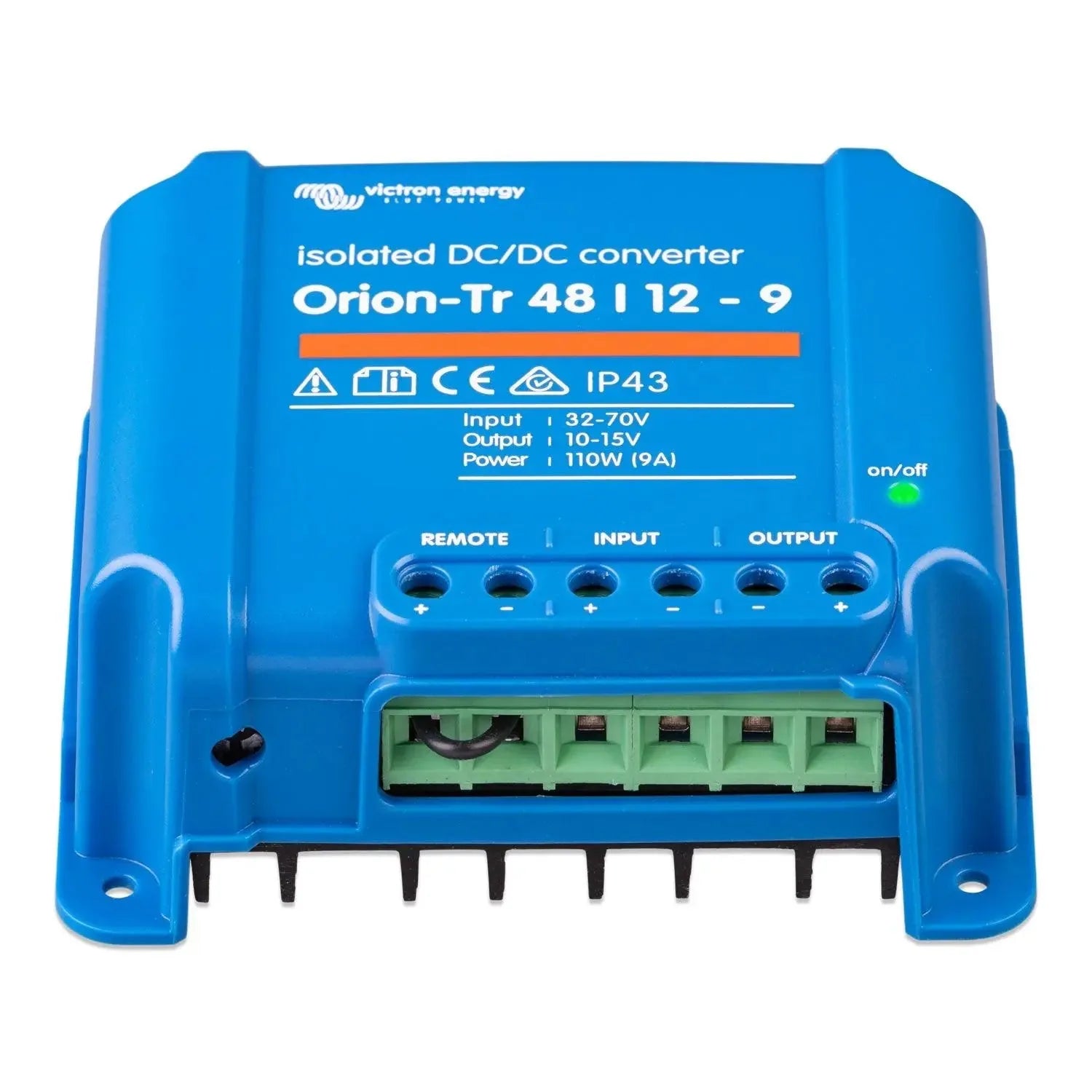 Blue Victron Orion-Tr 48/12-9 isolated DC/DC converter device with terminal connections and status indicator light, front vie