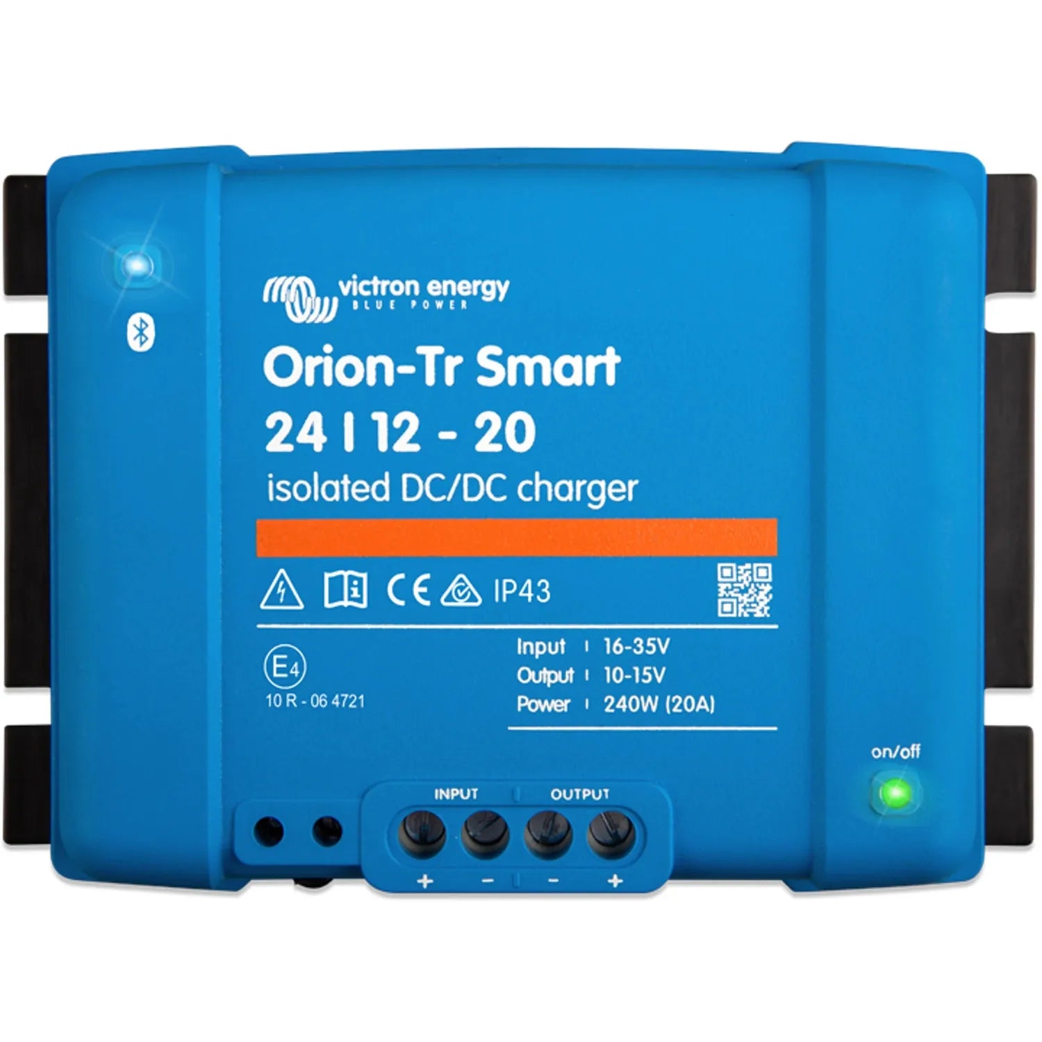 Victron Energy Orion-Tr Smart 24/12-20 isolated DC/DC charger, blue rectangular device with terminal connections and on/off i