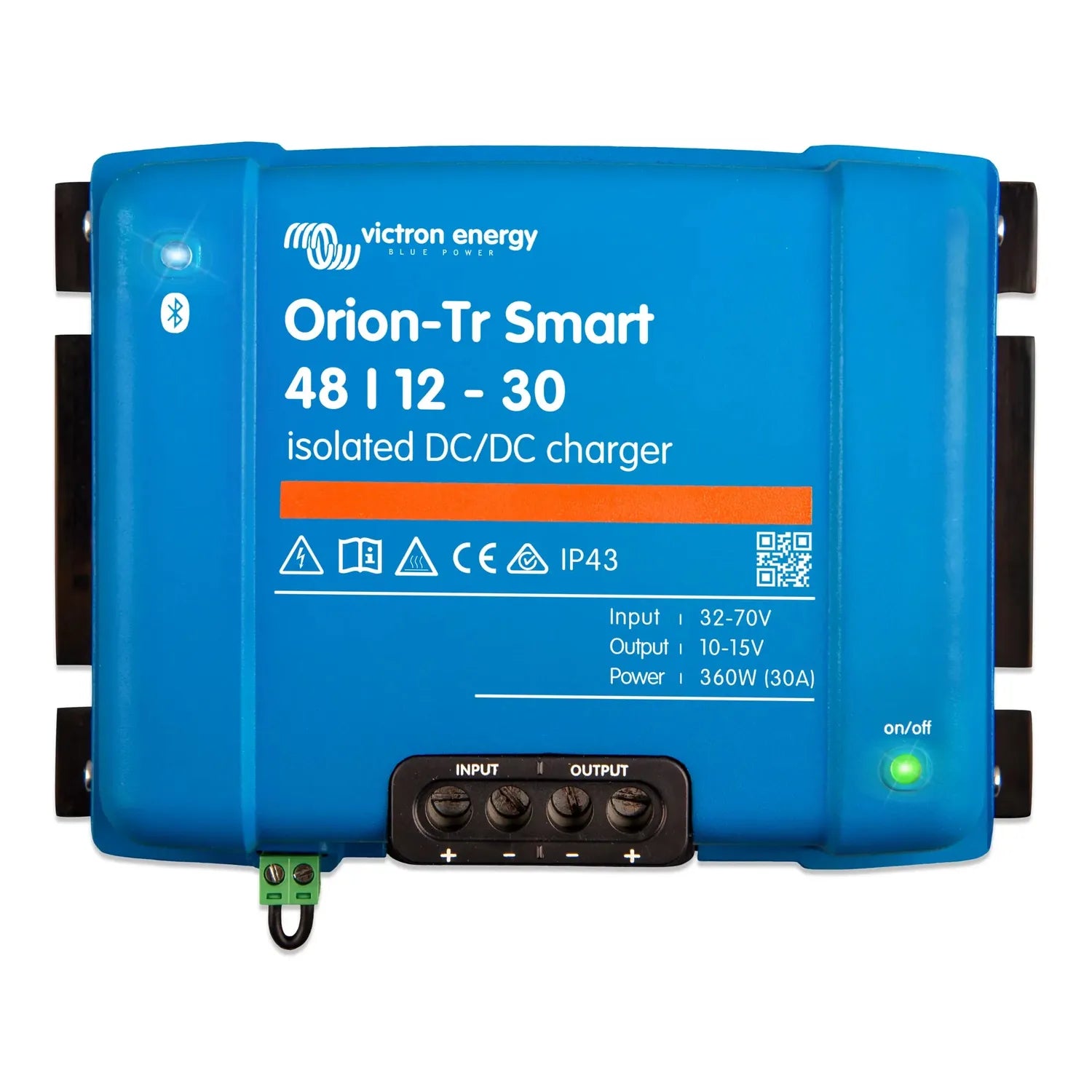 Victron Energy Orion-Tr Smart 48/12-30 isolated DC/DC charger, blue rectangular device with black terminal connectors and gre