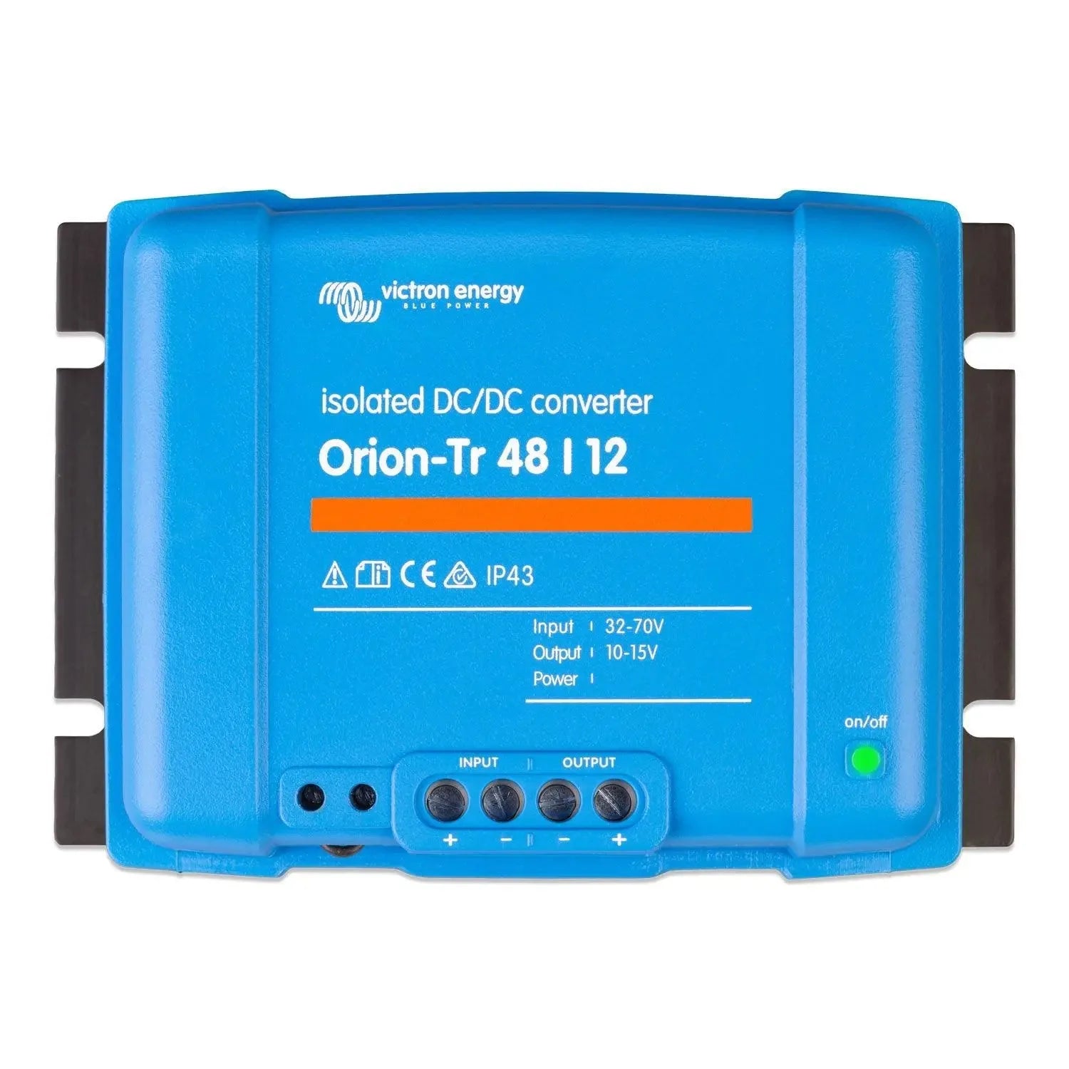 Victron Energy Orion-Tr 48/12 isolated DC/DC converter, blue rectangular device with black side brackets, input/output termin