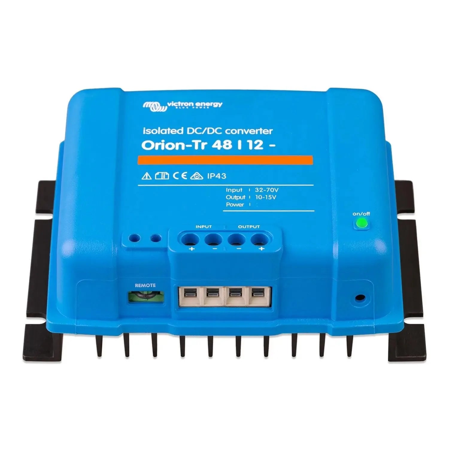 Victron Energy Orion-Tr 48/12 blue isolated DC/DC converter with input/output terminals, remote connector, and on/off button 