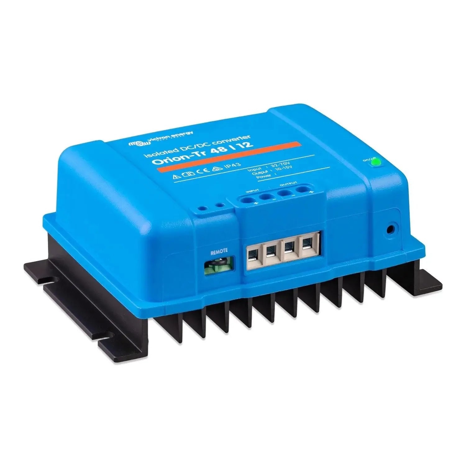 Blue Victron Orion-Tr 48/12 isolated DC-DC converter with black heatsink fins and terminal connectors on front.
