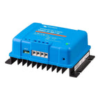 Blue isolated DC-DC converter with black heat sink fins, remote port, and terminal connectors, displayed against white backgr